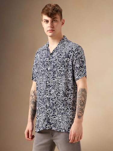 Dennis Lingo Men Navy Blue Rayon Half Sleeve Cuban Collar Aop Shirts_Dlmshmjj24003