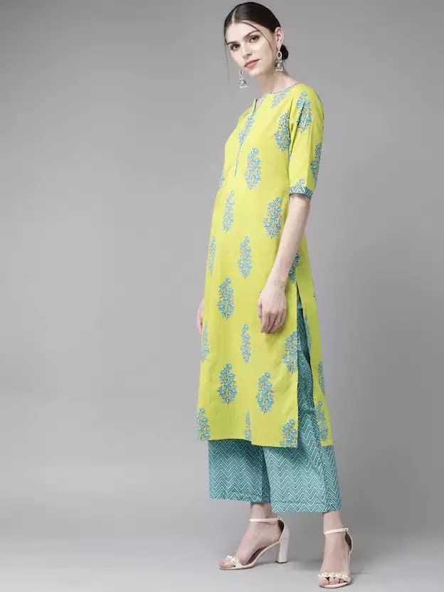 GoSriKi Women's Cotton Blend Straight Printed Kurta with Pant & Dupatta (Pari Green-GS)