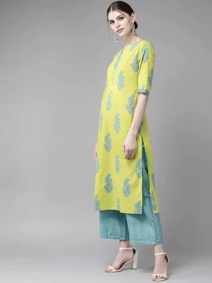GoSriKi Women's Cotton Blend Straight Printed Kurta with Pant & Dupatta (Pari Green-GS)