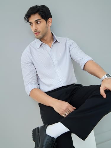 The Souled Store Slim-Fit Shirt: Ice Blue Stripes Lilac Stripes Men and Boys Long Sleeves Collared Neck Buttonfront Striped Regu