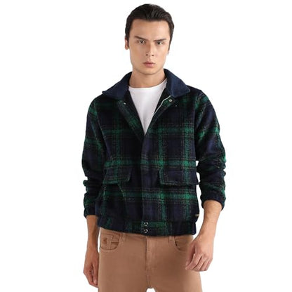Campus Sutra Mens Car Coat (CBAWM23_CSMAWJK6044_Navy Blue:Green