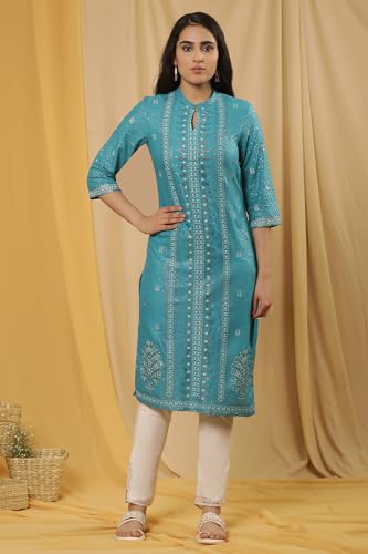 W for Woman W Women Blue Festive Floral Print Viscose Straight Kurta set with Slim Pant