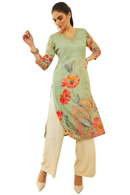 Soch Womens Sap Green Muslin Floral Print Kurta with Beads and Stones
