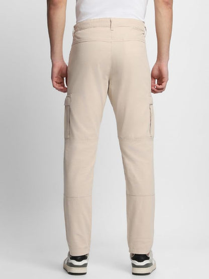 Dennis Lingo Mens Solid Cotton Lycra Mid Rise Slim Fit Cargo Trousers Cream