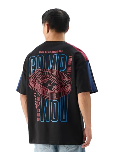 The Souled Store Official Fcb: Camp Nou Black Graphic Printed Oversized Cotton T-Shirt For Men & Boys- Short Sleeve Round Neck