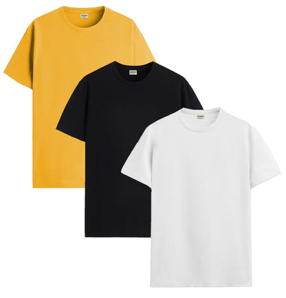 ADRO Mens Solid Regular Fit T-Shirt (RCM3-PLN-MU-BL-WH_Mustard,Black,White