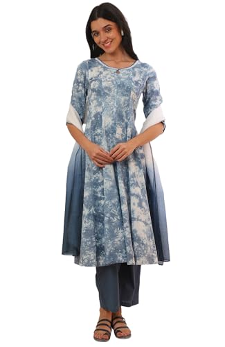Aurelia Women's Blue Printed Flarred Kurta with Palazzo & Dupatta Set