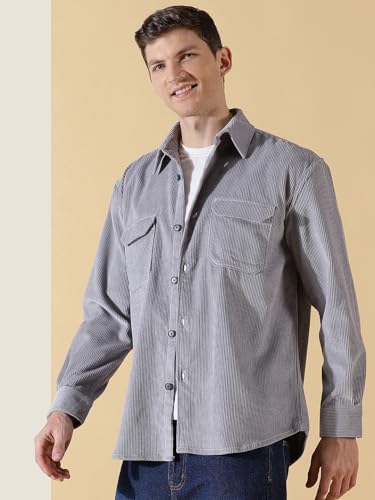 Thomas Scott Mens | Full Sleeve | Corduroy | Double Pockets | Relaxed Fit | 100% Cotton | Spread Collar | Casual | Shirts (Grey_