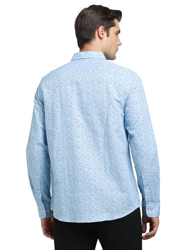 Turtle Men Cotton Linen Blue Printed Slim Fit Full Sleeve Formal Shirt