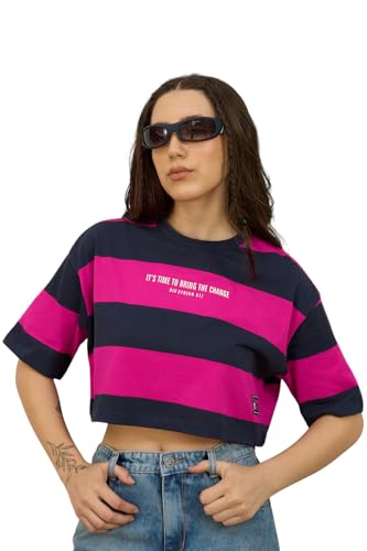 Hubberholme Women Cotton Round Neck Short Sleeves Striped Boxy Tshirts 7
