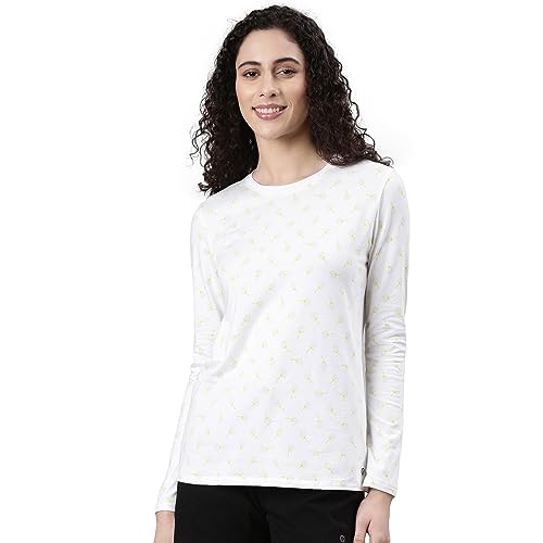 Enamor Womens Geometric Slim Fit T-Shirt (E257_Bright White-Dandelion AOP