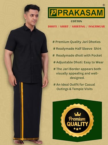 PRAKASAM COTTON Mens Flexi Readymade Black Jari Border Dhoti + Half sleeve Black Shirt for mens