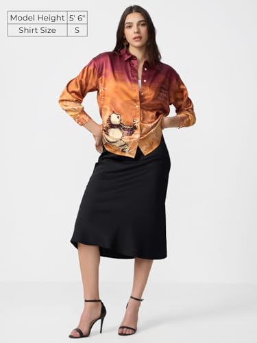 The Souled Store Satin Shirt: Kung Fu Panda Women and Girls Long Sleeves Collared Neck Button Front Orange Polyester Regular Fit