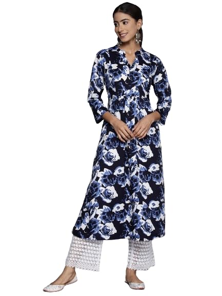 Varanga Navy Blue Floral Printed Mandarin Collar with Slit, Three Quarter Sleeves A-Line Kurta with Side Slits