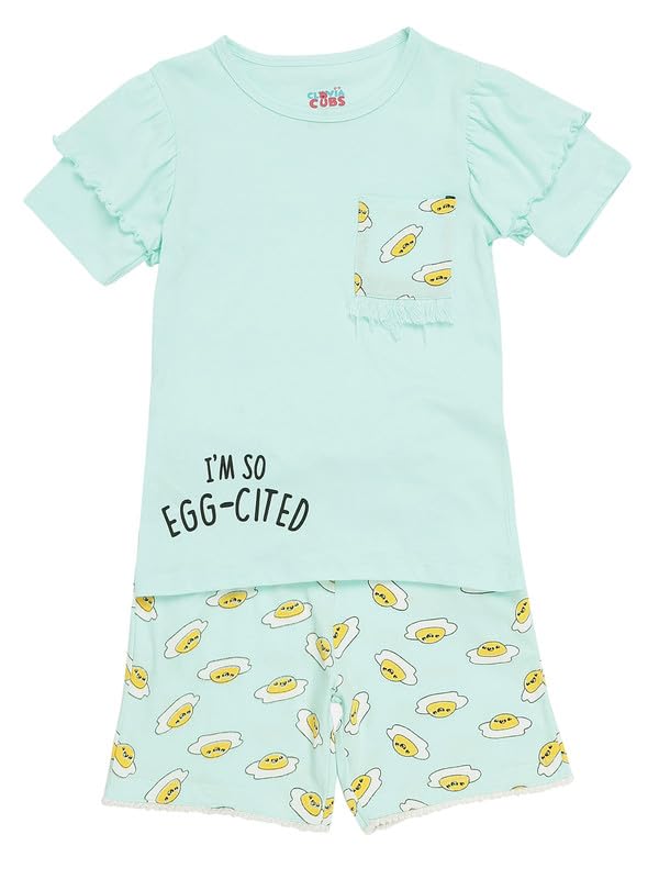 Clovia Girls Cotton Printed Top & Shorts Set (GLK013P03_Blue_7/8Y)
