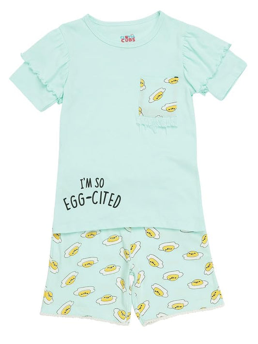 Clovia Girls Cotton Printed Top & Shorts Set (GLK013P03_Blue_7/8Y)