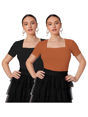 Shasmi Womens & Girls Black and Orange Solid Knitted Square Neck Regular Fit T-Shirts Short Puff Sleeve Tops (52 Pack 2 Black