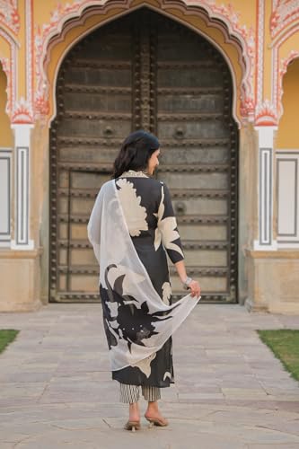 ANNI DESIGNER Womens Cotton Blend Straight Printed Kurta with Pant & Dupatta (5jee Black_L_Blue_Large)