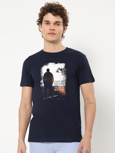 Bewakoof MenS Printed 100% Cotton T-Shirt - Regular Fit, Round Neck, Half Sleeves Blue
