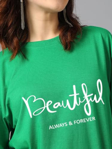KOTTY Womens Printed, Typography Round Neck Cotton Blend 3/4 Sleeve T-Shirt(Green,M)