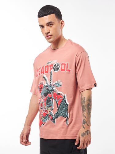Bewakoof Official Marvel Merchandise Deadpool Mens Graphic Print Oversized Fit Half Sleeve Round Neck Cotton Jersey T-Shirt_644