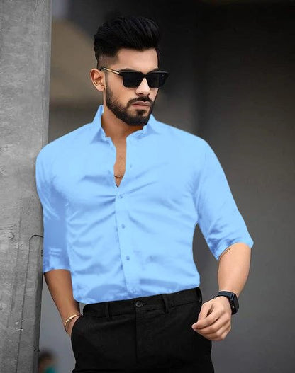 Tee Projekt Shirt for Men Cotton Plain Spread Collar Casual Shirt Parfect for ormal Wear, Home Wear, Office Wear Light Blue
