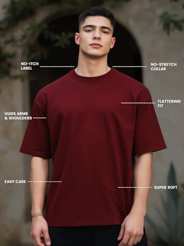 Nobero MenS Graphic Print Oversized Fit T-Shirt (1M-Twrt-C1005-Bs_Break The Mold-Wine Red