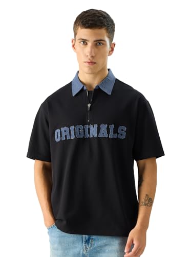 The Souled Store Ogs Only Men And Boys Short Sleeve Collared Neck Black And Blue Embellished Cotton Oversized Polos