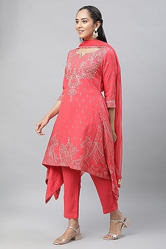 Aurelia Women's Viscose Red Rayon Twill Asymmetrical Kurta Trouser With Dupatta Set