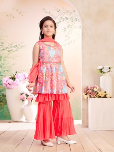 Aarika Girls Ethnic Wear Gajri Colour Floral Print/Hand Embriodery Georgette Kurti Sharara Set with Dupatta-(4-10 Years)-(SH-183
