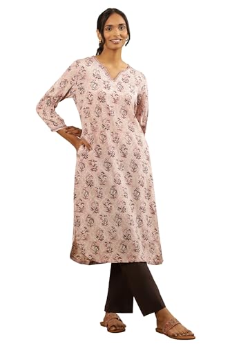 Folksong by W Women Pink Printed Viscose Straight Kurta