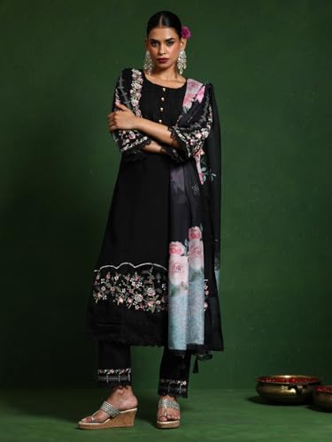Varanga Women Floral Heavy Thread Embroidered Schffili Hem Kurta With Trouser & Dupatta
