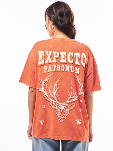Bewakoof Official Harry Potter Merchandise Womens Graphic Print Oversized Fit Half Sleeve Round Neck Cotton T-Shirt_677632_Oran