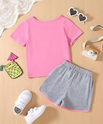 Kyda KidsGirls Cotton Printed Pink Tshirt And Shorts Set (Pack Of 1)