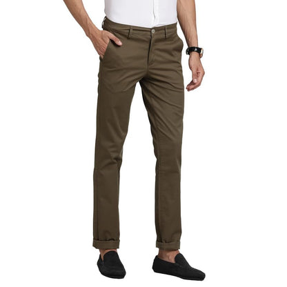 Turtle Men Cotton Stretch Olive Solid Ultra Slim Fit Casual Trouserss