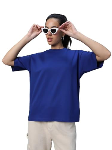 Bewakoof Heavy Duty 1.0 Womens Solid Oversized Half Sleeve Round Neck Terry T-Shirt_611049_Blue_2XL