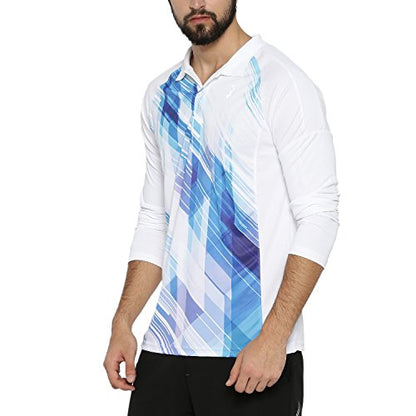 Campus Sutra MenS White & Blue Contrast Print Activewear T-Shirt For Casual Wear | Spread Collar | Long Sleeve | Pull On Closur
