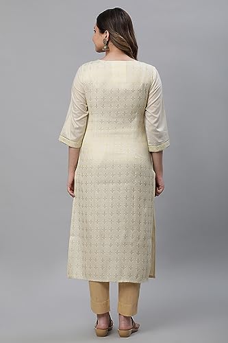 Aurelia Women's Off White Geometric Embroidered Cotton Blend Straight Kurta