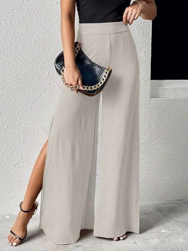 Greciilooks WomenS High Waist Wide Leg Slit Pants, Elegant Poly Lycra Blend Palazzo Trousers, Dressy Flowy Evening Bottoms (Gl-