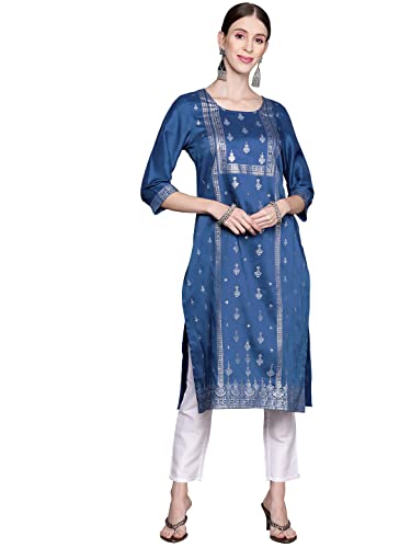 Ziyaa Women's Blue Chinon Straight Kurta And Pant Set(ZIKUCH3791ANDPA)