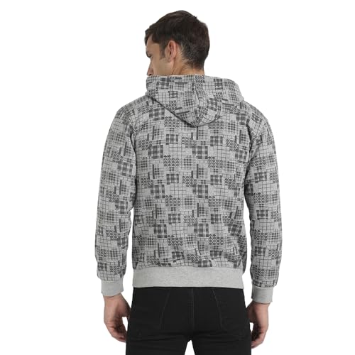 Campus Sutra Mens Grey Abstract Checks Hoodie with Insert Pocket for Casual Wear | Hooded Neck | Long Sleeve | Zipper Closure |