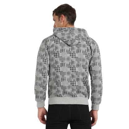 Campus Sutra Mens Grey Abstract Checks Hoodie with Insert Pocket for Casual Wear | Hooded Neck | Long Sleeve | Zipper Closure |