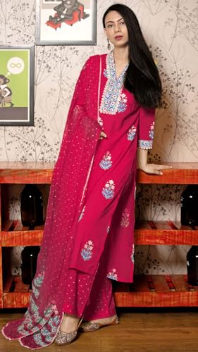 GoSriKi Printed Viscose Rayon Kurta with Trousers & Dupatta, Medium, Pink - Belagavi Mustard-GS