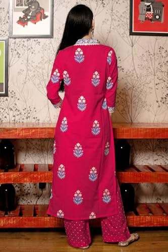 GoSriKi Printed Viscose Rayon Kurta with Trousers & Dupatta, Medium, Pink - Belagavi Mustard-GS