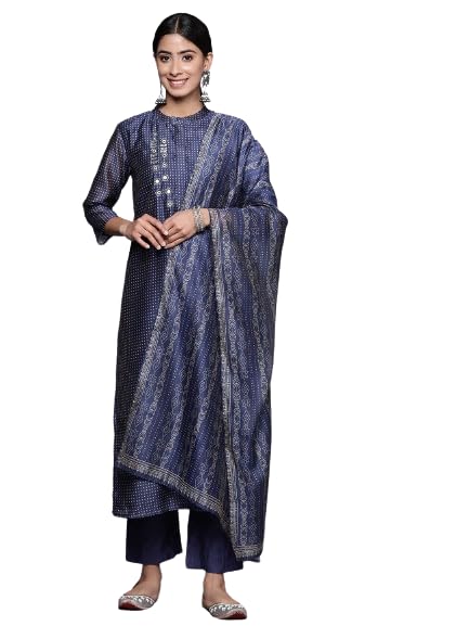 Varanga Women Navy Blue Bandhani Printed Straight Kurta With Three Quarter Sleeves Paired With Tonal Bottom And Printed Dupatta