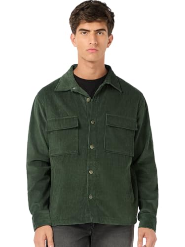Bewakoof Men Solid Regular Fit Full Sleeve Collar Corduroy Jacket_684912_Green_M