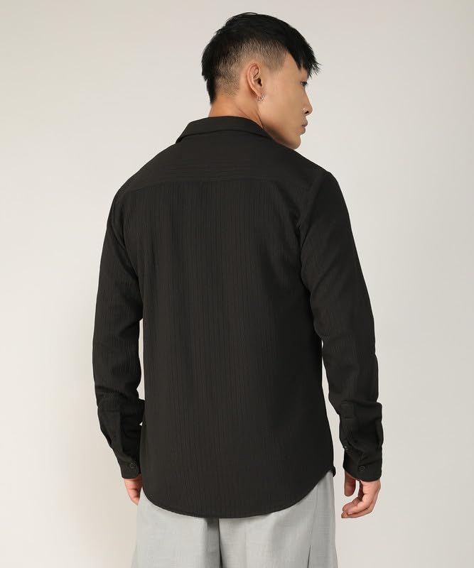 Campus Sutra Mens Onyx Black Stripe-Creased Shirt for Casual Wear | Spread Collar | Long Sleeve | Button Closure | Shirt Crafte