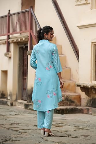 Leriya Fashion Women's Co-ord Set, Elegant Kurta, 3/4 Sleeve, Medium, Blue, Model LF-W2091&TR1051