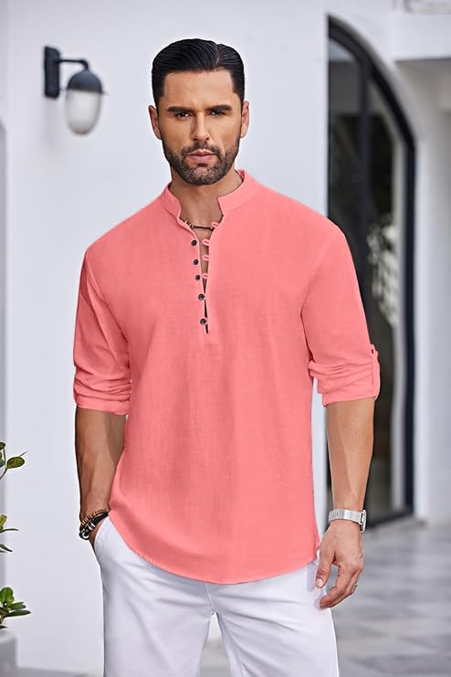 Finivo Fashion MenS Solid Cotton Blend Straight Kurta Shirt, Regular Fit Full Sleeve Short Kurta Shirt Peach