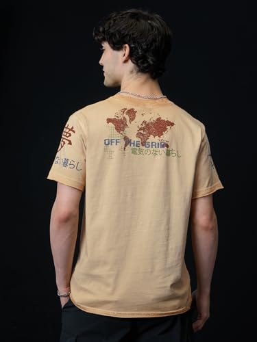 The Souled Store Relaxed T-Shirt: Adventure Men and Boys Short Sleeves Round Neck Beige Graphic Printed Relaxed Fit Cotton T-Shi